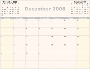 Sunday to Saturday monthly calendar, 2008 Year
