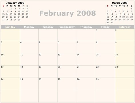 Sunday to Saturday monthly calendar, 2008 Year