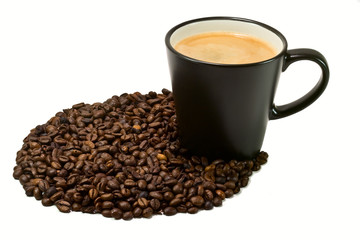 Fresh cup of coffee with coffee beans