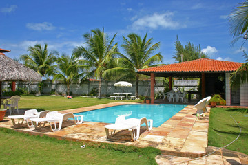 house pool with palmtrees and grass