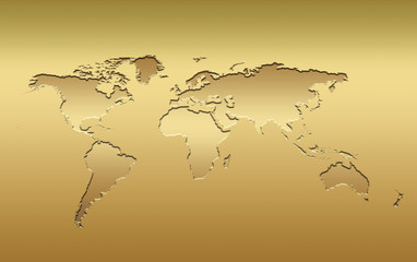 a 3d world map in metallic golden tones