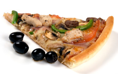 Pizza slice with olives.