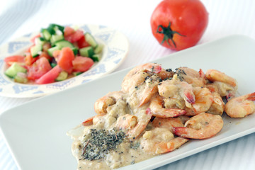 Shrimps dish with sauce & salad