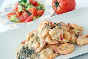 Shrimps dish with sauce & salad