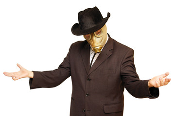 Businessman in gas mask & cowboy hat. Isolated on white.