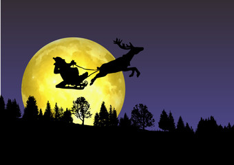 Départ du Père Noël au-dessus de la forêt