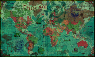 Modern world political map made in retro style