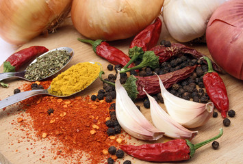 garlic, peppers and spices