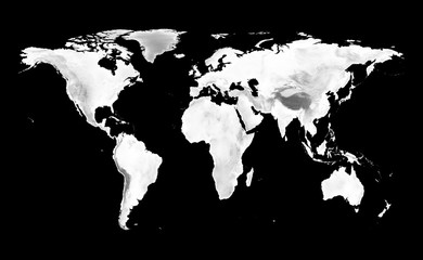 World map with grayscale elevation on black background