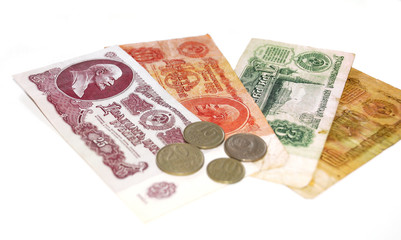 USSR currency - banknotes and coins isolated