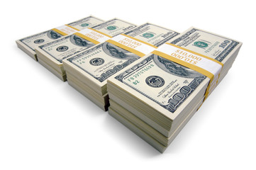 Increasing Stacks of Hundred Dollar Bills on a white background.