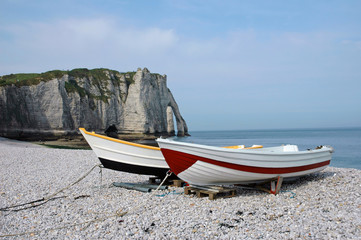 Fishing boats on the beach at Etretat, France