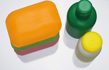 Colorful soaps and bath oils