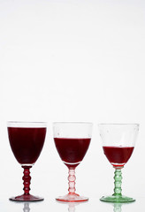 Glasses of red wine on a glass table