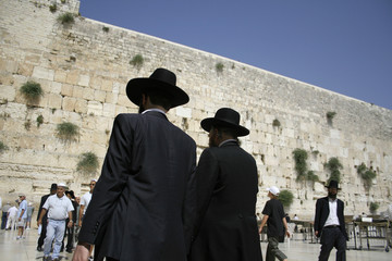 Hasidic jews at the wailing western wall,  israel