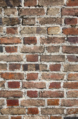 Close up of a very old brick wall.