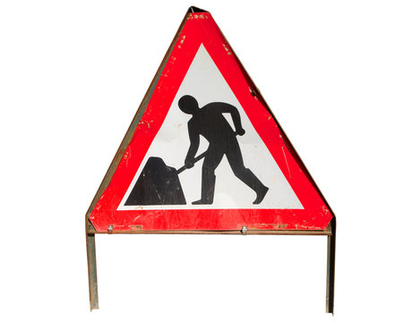 British Roadworks Sign, Isolated On A White Background.