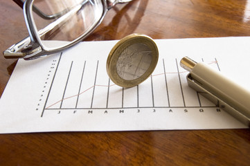 Stock chart,coins, pen and glasses