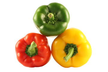 Three multi-coloured pepper isolated on white