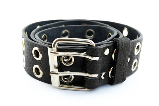 Black Studded Leather Belt With Metal Buckle