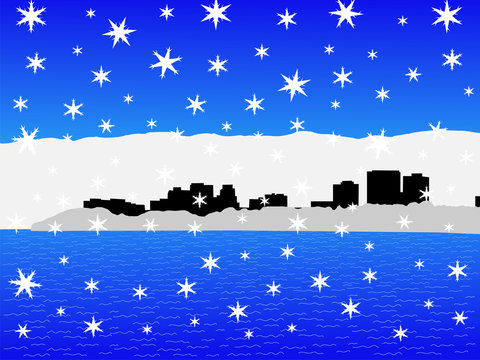 Anchorage in winter with falling snow