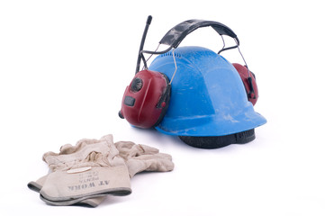 Working gloves, working helmet and hearing protector, isolated.