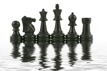 Black Chess pieces with water reflection