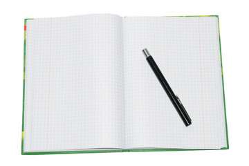 Blank notebook with black pen isolated on white