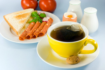 breakfast with sausage,boiled egg and toast 3
