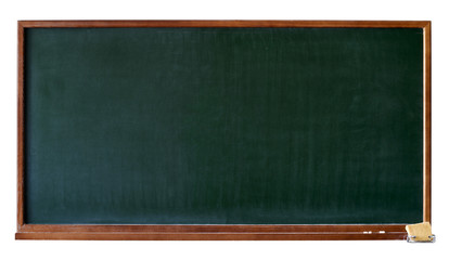 Blank green blackboard with wooden frame, chalktray and eraser