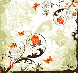 Grunge paint flower background with butterfly, vector