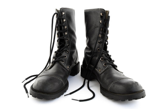 Army style black leather boots with laces