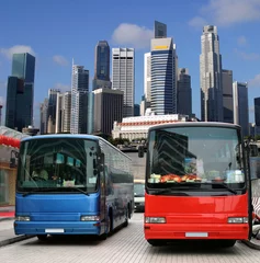 Poster Tourist buses in Singapore waiting for tourists © roza