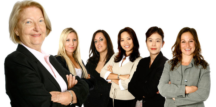 Mature  caucasian  leading a team of business women 