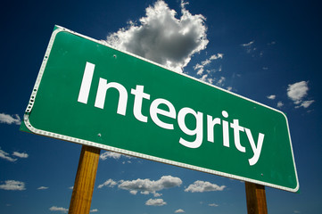 “Integrity” Road Sign with dramatic clouds and sky.
