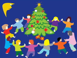 happy children dancing around christmas tree 
