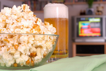 TV dinner, snack, popcorn and beer