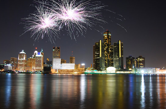 Fireworks celebration over cityscape