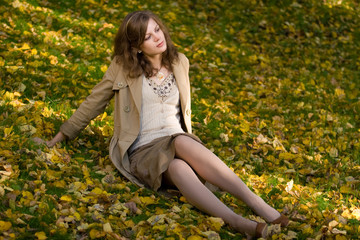 Girl sitting on autumn leaves