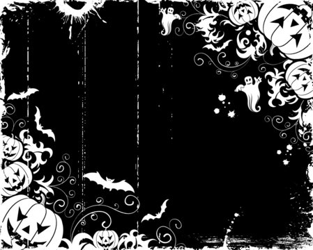 Grunge halloween frame with bats, ghost & pumpkin, vector