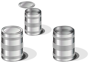 Opened and closed food cans isolated over white background