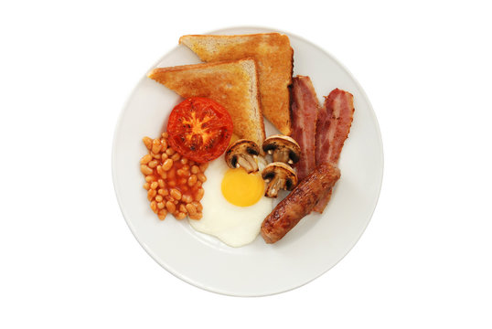 Full English breakfast – Top View – Isolated on White Background