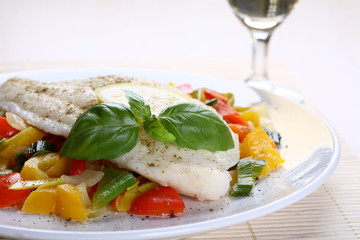 Boiled fish and vegetables