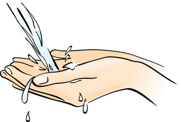 Cupped hands, water falling into. Hygiene and health. Vector 