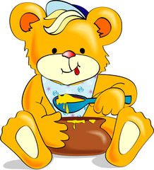 Cute cartoon bear eating honey. Vector Illustration