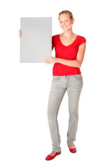 Woman holding blank poster board