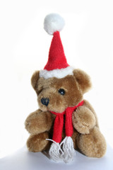 teddy bear in christmas red cap and red scarf