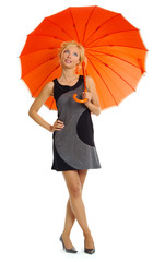  blonde with orange umbrella over white
