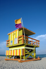 View of Yellow and Green Lifeguard Tower in South Beach
