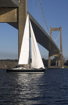 Sailboat under suspension bridge